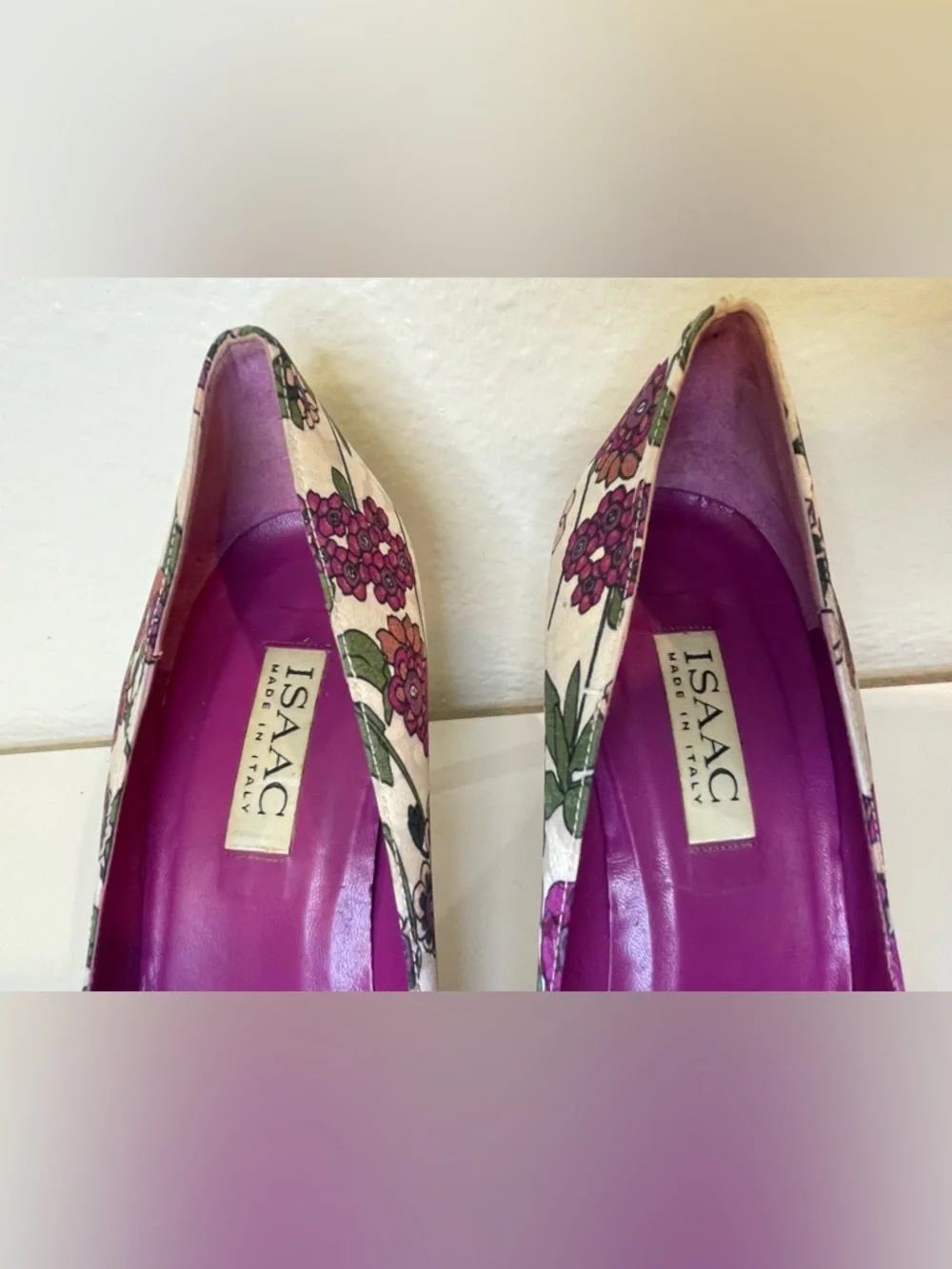 Isaac Y2K Silk Floral Cream and Purple Bow Heels Dress Pumps‎ Size 10